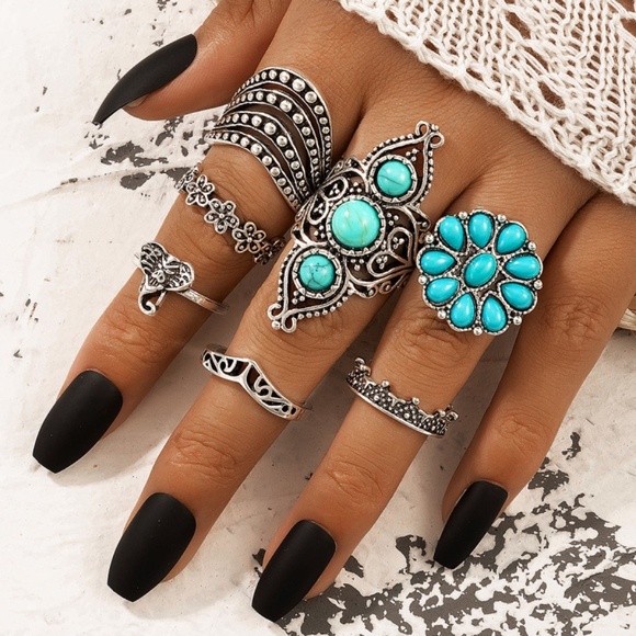 **ZAIDA* 7-Pc Silver x Turquoise Fashion Ring Set - Picture 1 of 6